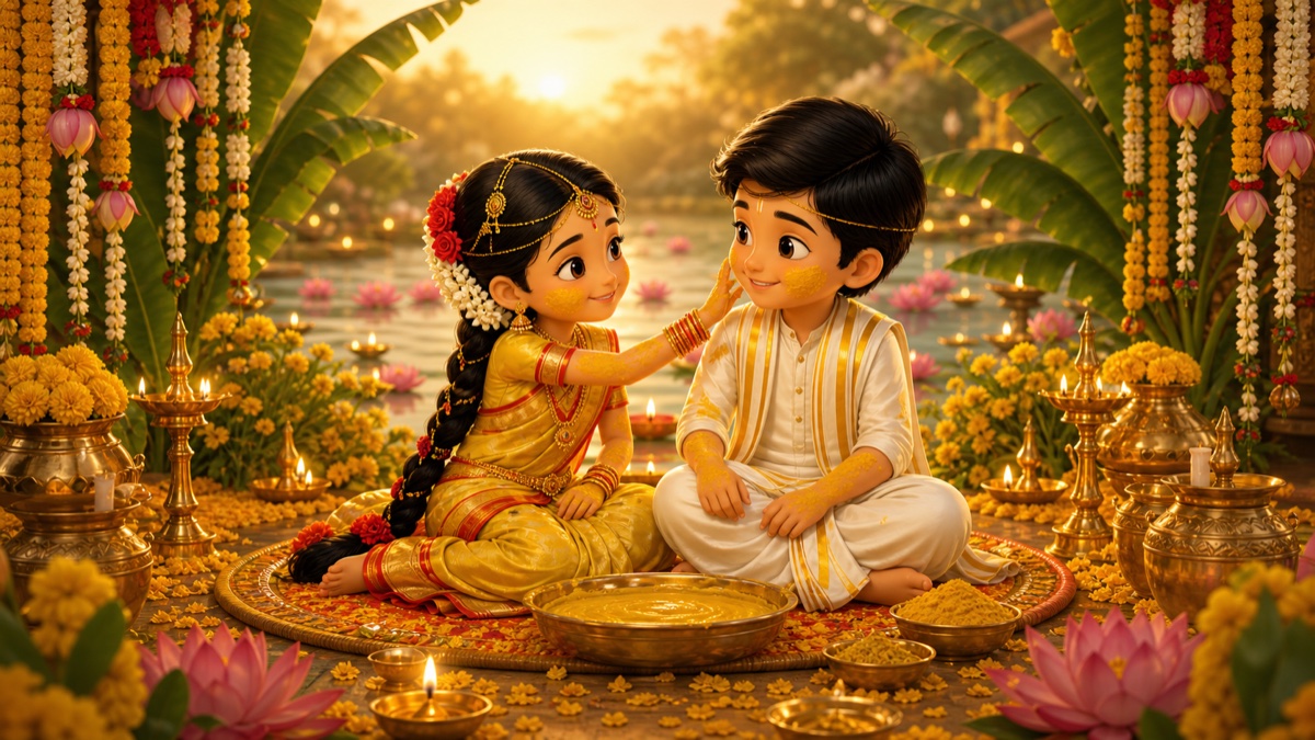 Cartoon bride and groom at a South Indian Haldi ceremony
