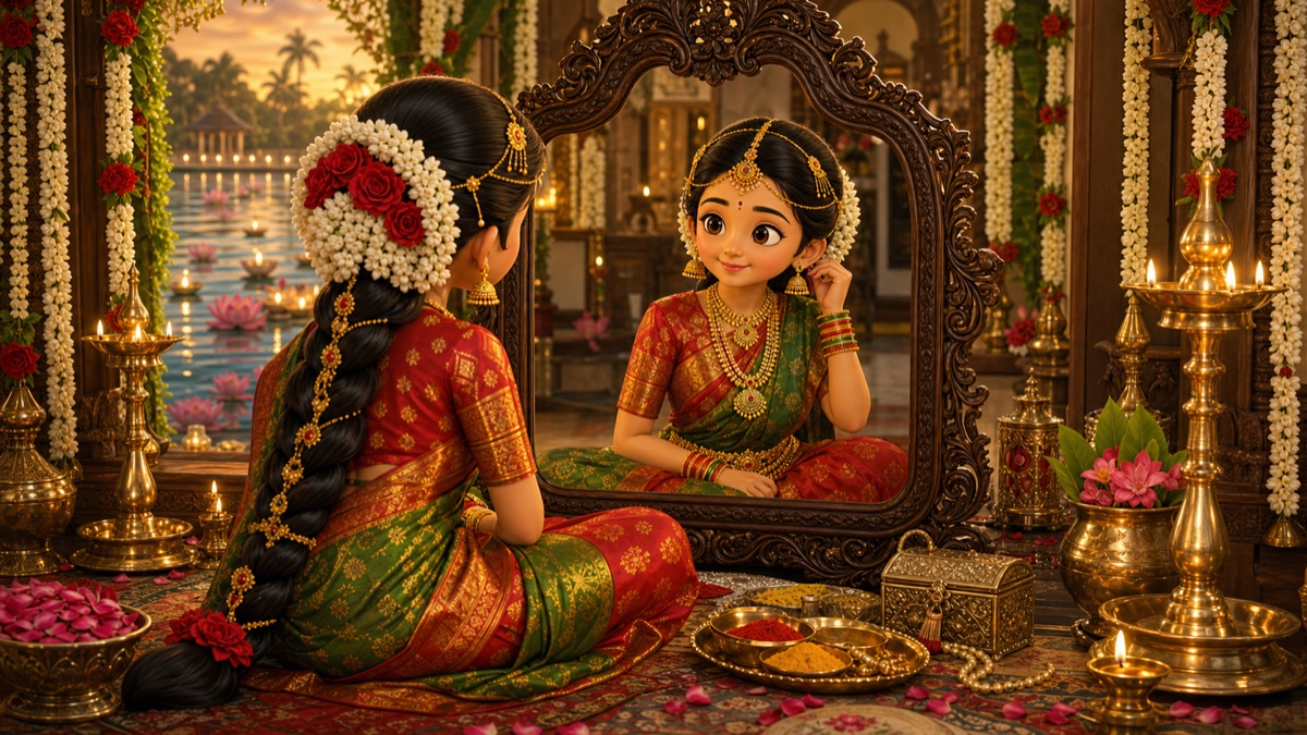 Cartoon South Indian bride sitting before an antique mirror for Pelli Kuthuru