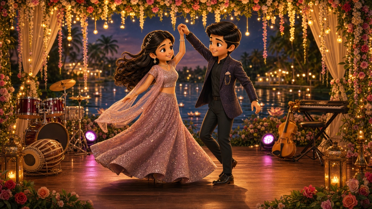 Cartoon bride and groom dancing in modern party outfits at a Sangeeth celebration