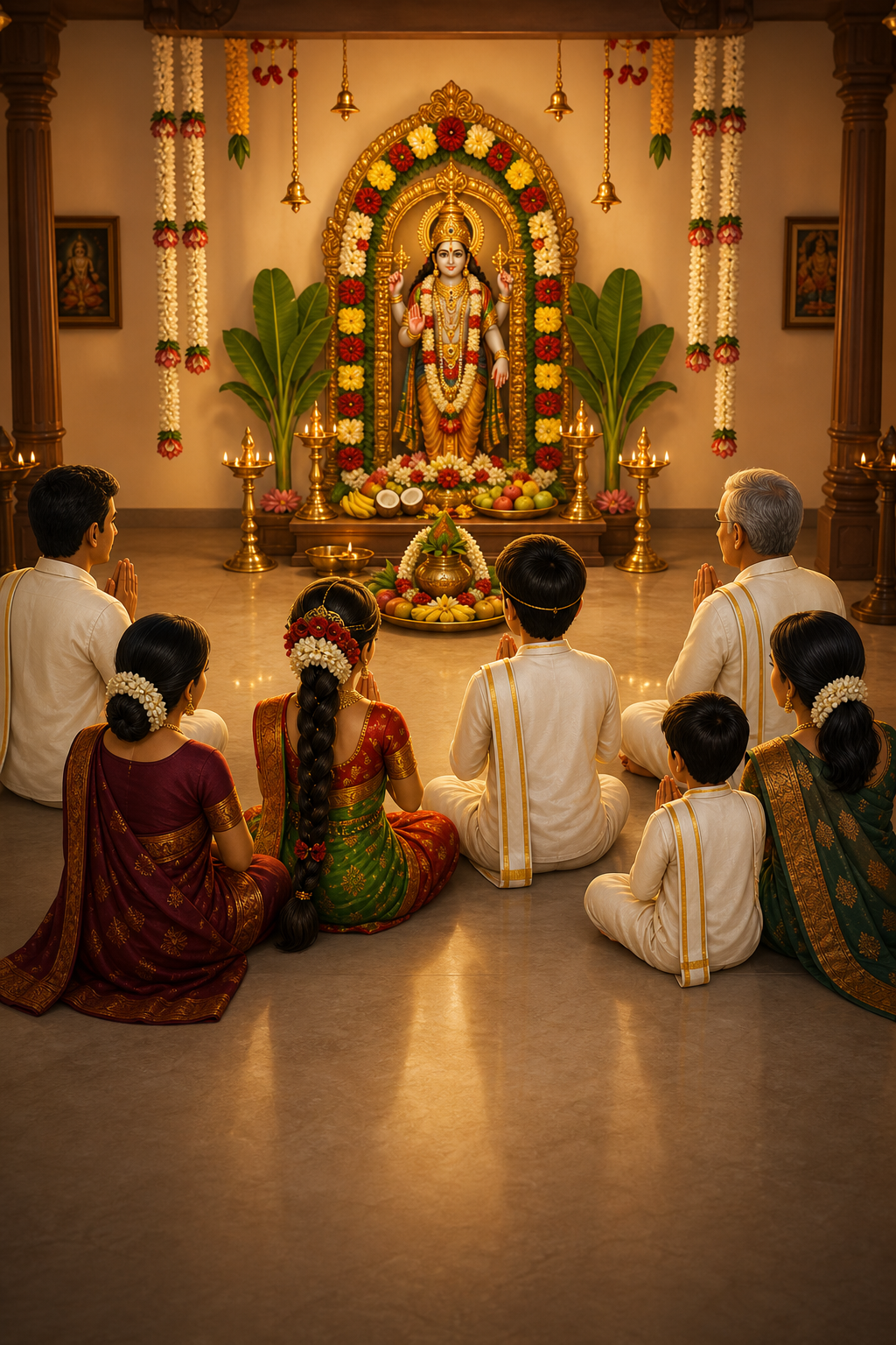 Cartoon South Indian family facing Sathyanarayana Swamy altar for Vratham after the wedding